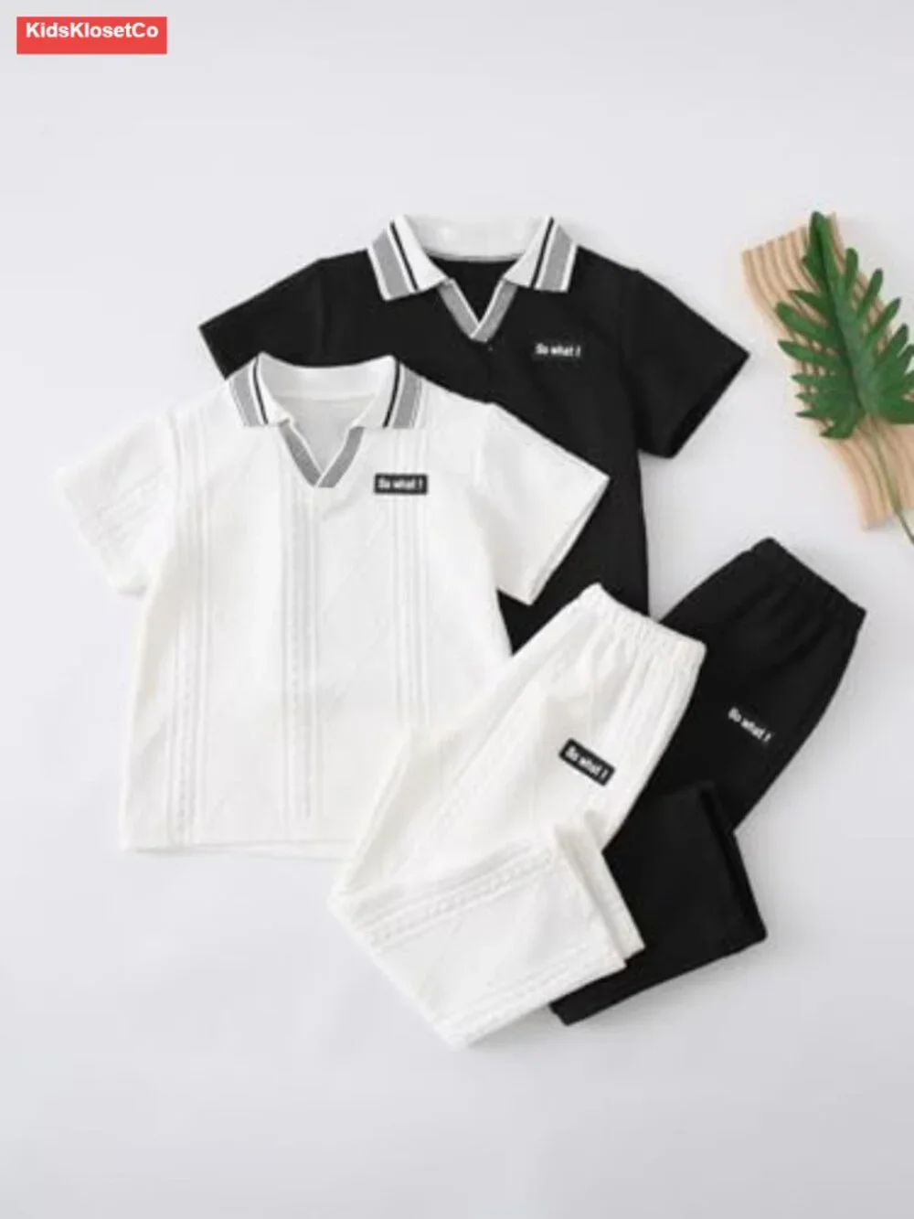 Boys V Neck Short Sleeve Jacquard Shirt and Pants Set 4-Piece